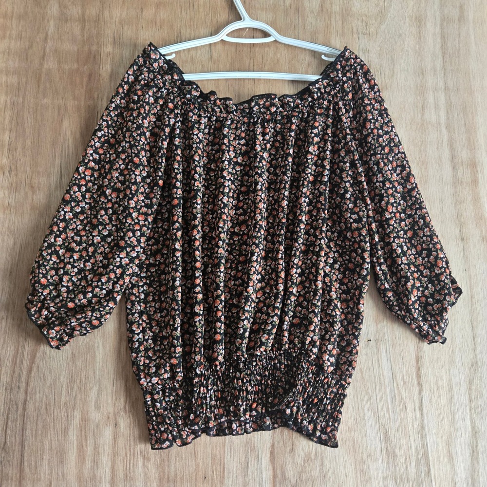 Les Amis Floral Off The Shoulder Blouse Smocked Hem Black Orange Size L